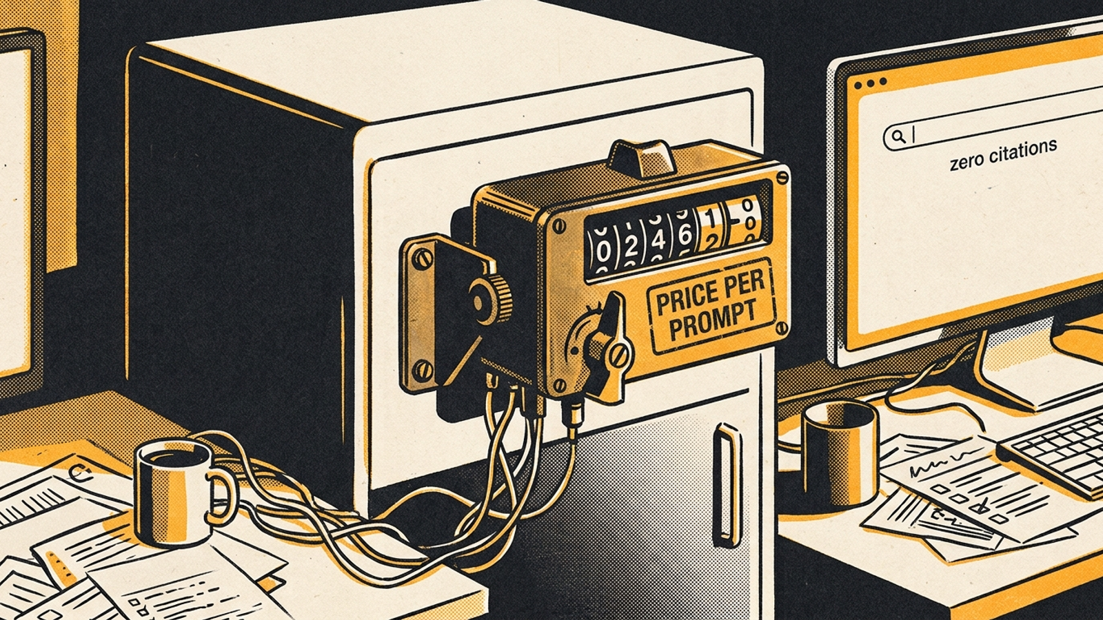 Illustration of a taxi meter on a server charging per prompt beside a blank search screen.