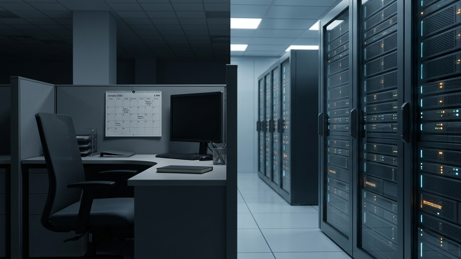An empty office at night contrasted with a continuously running data center.