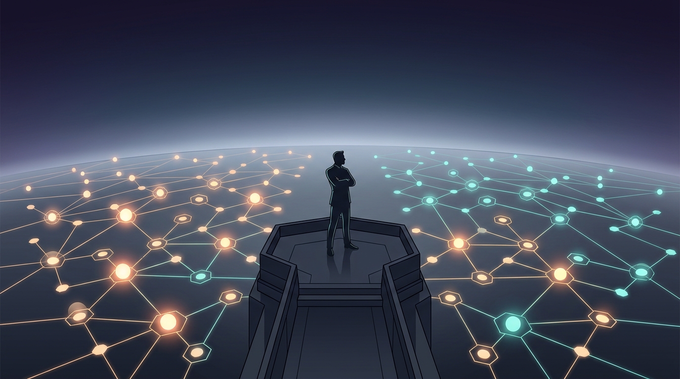 A lone human strategist oversees a vast grid of illuminated autonomous nodes, symbolizing AI-powered Google Ads management at scale in 2026
